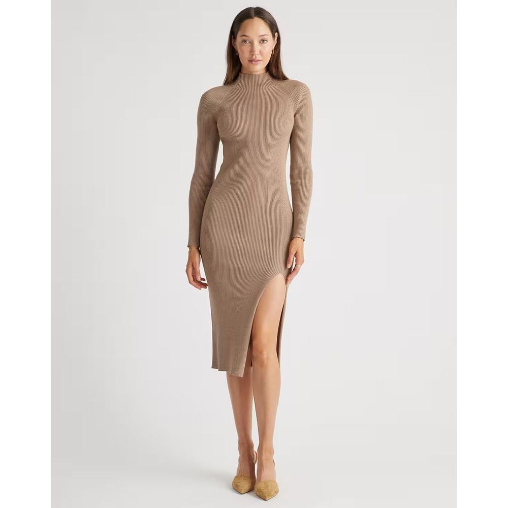 QUINCE ECCO knit ribbed mock neck sweater dress bodycon slit dress